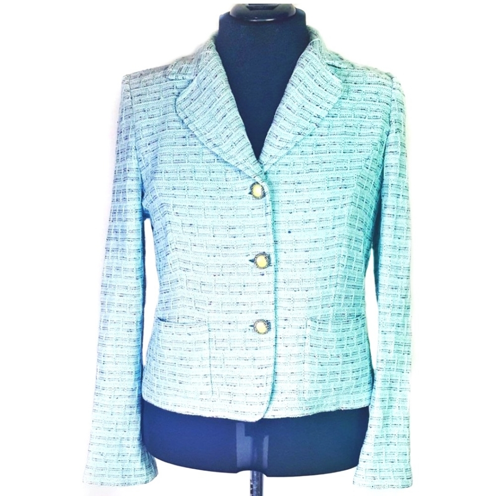 St. John Boucle aqua mint knit blazer jacket sz 10 - Picture 1 of 6